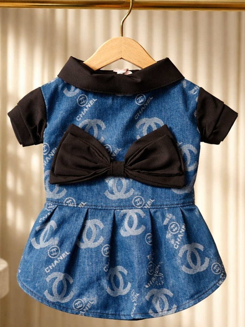 CHANEL Blue Denim Logo Dress with Black Bow